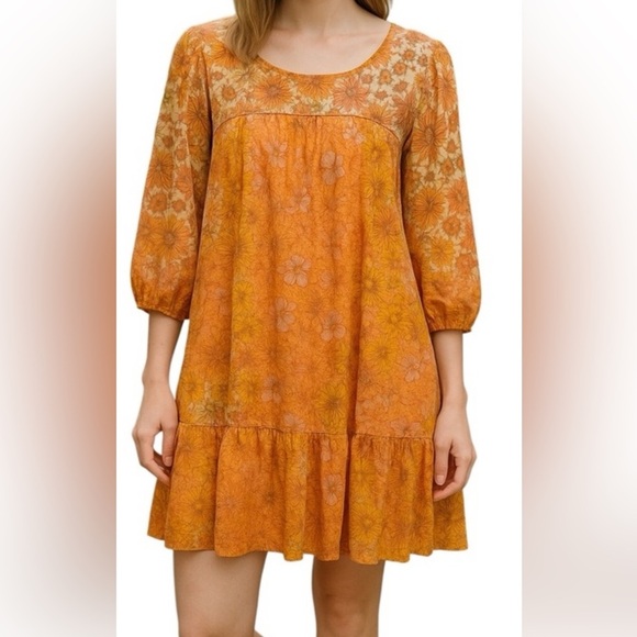 AMERICAN EAGLE ORANGE FLORAL BOHO PEASANT CUT OUT WESTERN FLOWY DRESS SZ L TALL - Picture 1 of 12